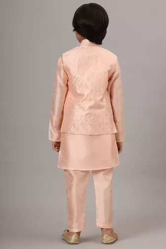 Boys light pink kurta set with embroidered nehru jacket