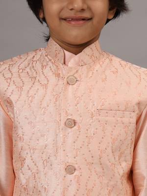 Boys light pink kurta set with embroidered nehru jacket 4