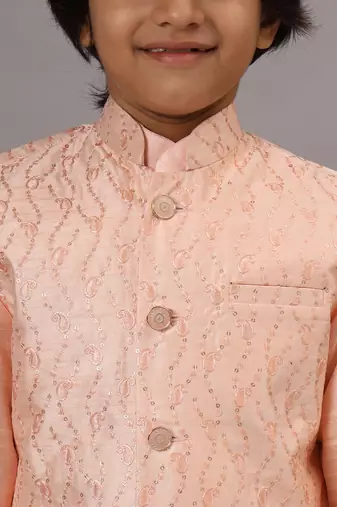 Boys light pink kurta set with embroidered nehru jacket