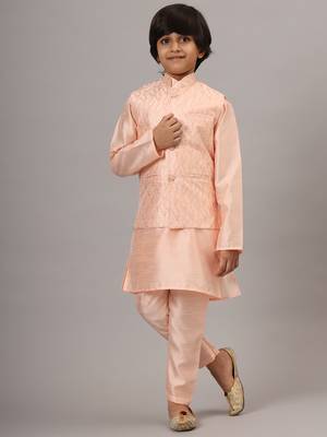 Boys light pink kurta set with embroidered nehru jacket 5