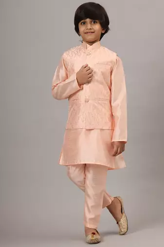 Boys light pink kurta set with embroidered nehru jacket