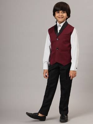 Maroon tuxedo waistcoat with white stripes shirt and black trousers 1