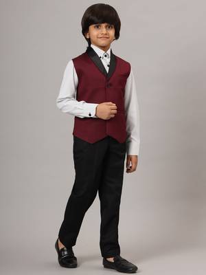 Maroon tuxedo waistcoat with white stripes shirt and black trousers 2