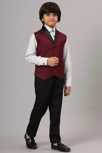 Maroon tuxedo waistcoat with white stripes shirt and black trousers