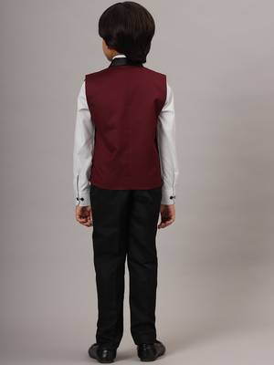 Maroon tuxedo waistcoat with white stripes shirt and black trousers 3