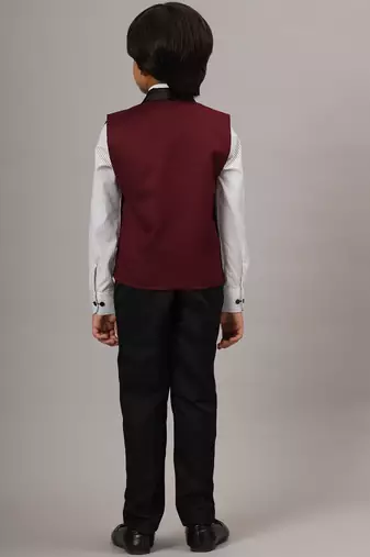 Maroon tuxedo waistcoat with white stripes shirt and black trousers
