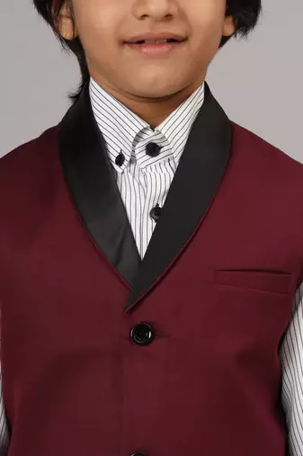 Maroon tuxedo waistcoat with white stripes shirt and black trousers