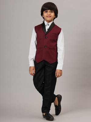 Maroon tuxedo waistcoat with white stripes shirt and black trousers 5