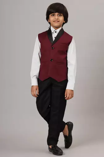 Maroon tuxedo waistcoat with white stripes shirt and black trousers