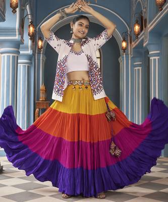 WHITE MULTICOLOR THREAD EMBROIDERED WITH MIRROR VISCOSE RAYON TRADITIONAL PARTY FESTIVAL STITCHED LEHENGA CHOLI JACKET 1