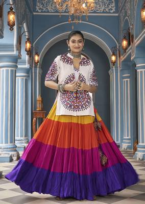 WHITE MULTICOLOR THREAD EMBROIDERED WITH MIRROR VISCOSE RAYON TRADITIONAL PARTY FESTIVAL STITCHED LEHENGA CHOLI JACKET 5