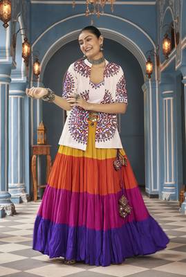 WHITE MULTICOLOR THREAD EMBROIDERED WITH MIRROR VISCOSE RAYON TRADITIONAL PARTY FESTIVAL STITCHED LEHENGA CHOLI JACKET 6