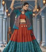 TURQUOISE MULTICOLOR THREAD EMBROIDERED WITH MIRROR VISCOSE RAYON TRADITIONAL FESTIVAL STITCHED LEHENGA CHOLI JACKET