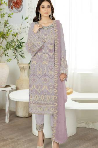 Light grey embroidered faux georgette semi stitched salwar suit