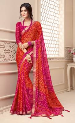 Orange and Pink Bandhej Print Chiffon Saree 1