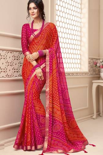 Orange and Pink Bandhej Print Chiffon Saree