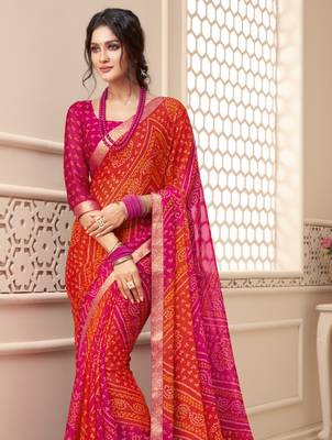 Orange and Pink Bandhej Print Chiffon Saree 2