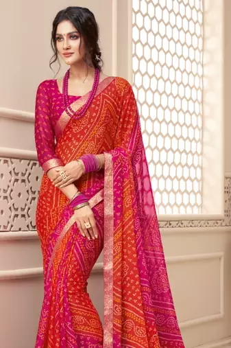 Orange and Pink Bandhej Print Chiffon Saree
