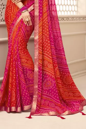 Orange and Pink Bandhej Print Chiffon Saree