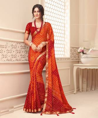 Orange Chiffon Bandhej Printed Sari,Saree With Unstitched Blouse Piece 1