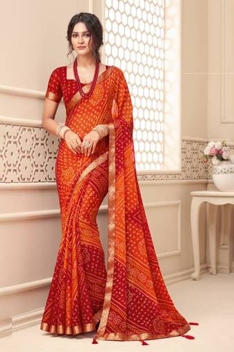 Women's Chiffon Orange Printed Designer Saree With Blouse Piece