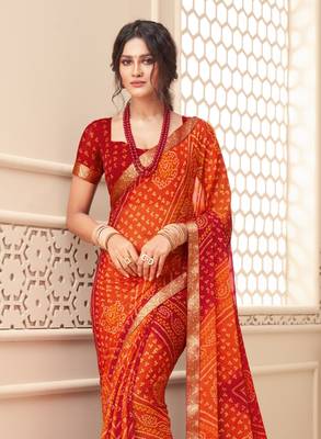 Orange Chiffon Bandhej Printed Sari,Saree With Unstitched Blouse Piece 2