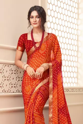 Orange Chiffon Bandhej Printed Sari,Saree With Unstitched Blouse Piece