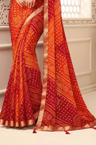 Orange Chiffon Bandhej Printed Sari,Saree With Unstitched Blouse Piece