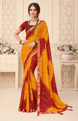 Yellow Chiffon Bandhej Printed Sari,Saree With Unstitched Blouse Piece 1