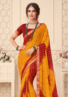 Yellow Chiffon Bandhej Printed Sari,Saree With Unstitched Blouse Piece 2