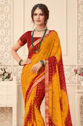 Yellow Chiffon Bandhej Printed Sari,Saree With Unstitched Blouse Piece