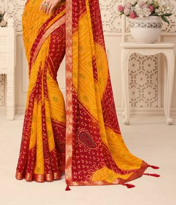 Yellow Chiffon Bandhej Printed Sari,Saree With Unstitched Blouse Piece 3