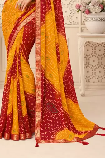 Yellow Chiffon Bandhej Printed Sari,Saree With Unstitched Blouse Piece