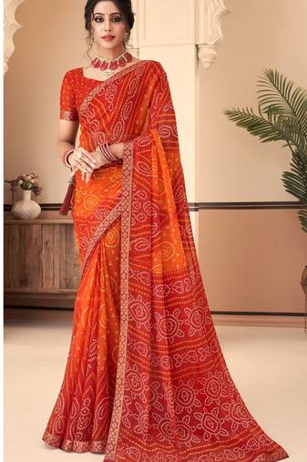 Red Chiffon Bandhej Printed Sari,Saree With Unstitched Blouse Piece