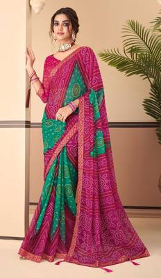 Magenta  Chiffon Bandhej Printed Sari,Saree With Unstitched Blouse Piece 1