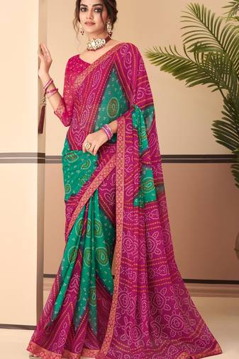 Magenta  Chiffon Bandhej Printed Sari,Saree With Unstitched Blouse Piece