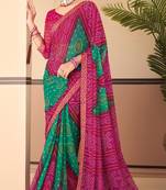 Magenta  Chiffon Bandhej Printed Sari,Saree With Unstitched Blouse Piece