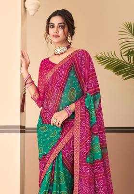 Magenta  Chiffon Bandhej Printed Sari,Saree With Unstitched Blouse Piece 2
