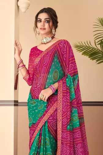 Magenta  Chiffon Bandhej Printed Sari,Saree With Unstitched Blouse Piece