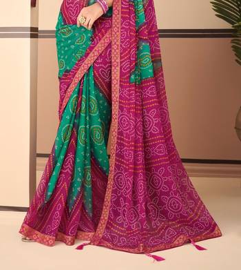 Magenta  Chiffon Bandhej Printed Sari,Saree With Unstitched Blouse Piece 3
