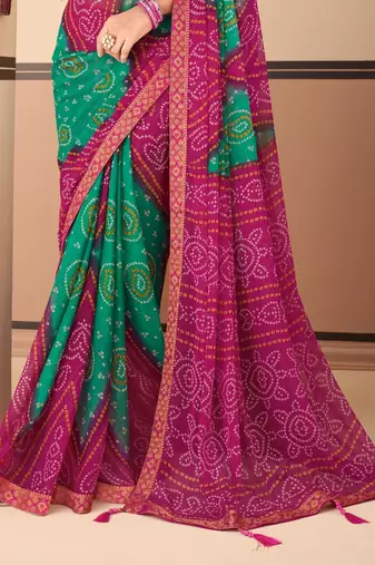 Magenta  Chiffon Bandhej Printed Sari,Saree With Unstitched Blouse Piece