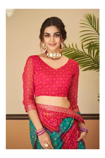 Magenta  Chiffon Bandhej Printed Sari,Saree With Unstitched Blouse Piece