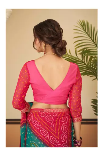 Magenta  Chiffon Bandhej Printed Sari,Saree With Unstitched Blouse Piece