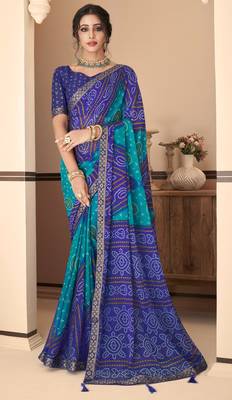 Blue Chiffon Bandhej Printed Sari,Saree With Unstitched Blouse Piece 1