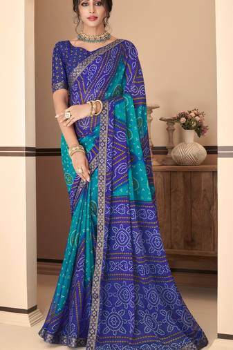 Blue Chiffon Bandhej Printed Sari,Saree With Unstitched Blouse Piece