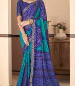 Blue Chiffon Bandhej Printed Sari,Saree With Unstitched Blouse Piece