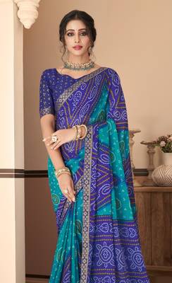 Blue Chiffon Bandhej Printed Sari,Saree With Unstitched Blouse Piece 2