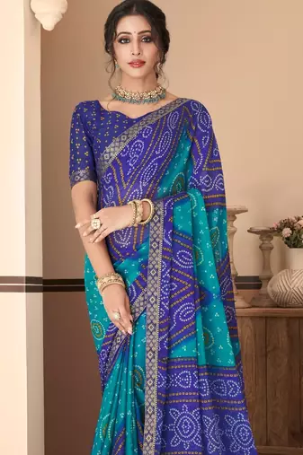 Blue Chiffon Bandhej Printed Sari,Saree With Unstitched Blouse Piece