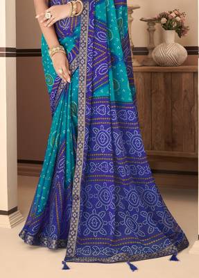 Blue Chiffon Bandhej Printed Sari,Saree With Unstitched Blouse Piece 3
