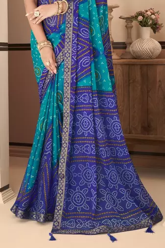 Blue Chiffon Bandhej Printed Sari,Saree With Unstitched Blouse Piece